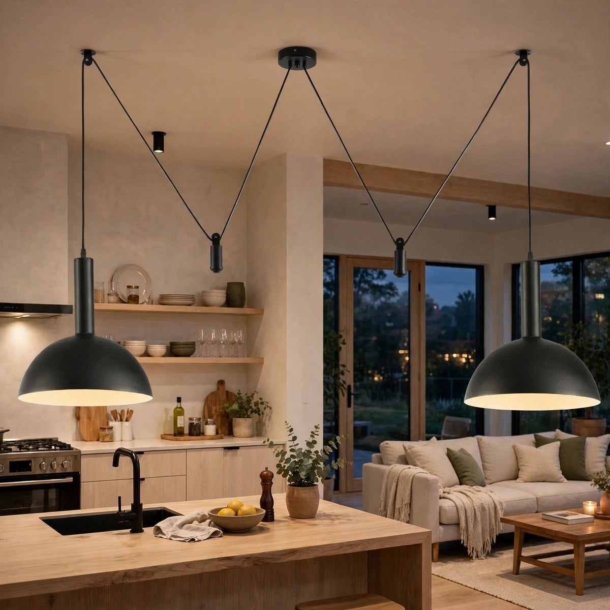 Two modern black dome pendant lights with warm white LED lighting hanging over a wooden kitchen island in a contemporary kitchen and living room setting.
