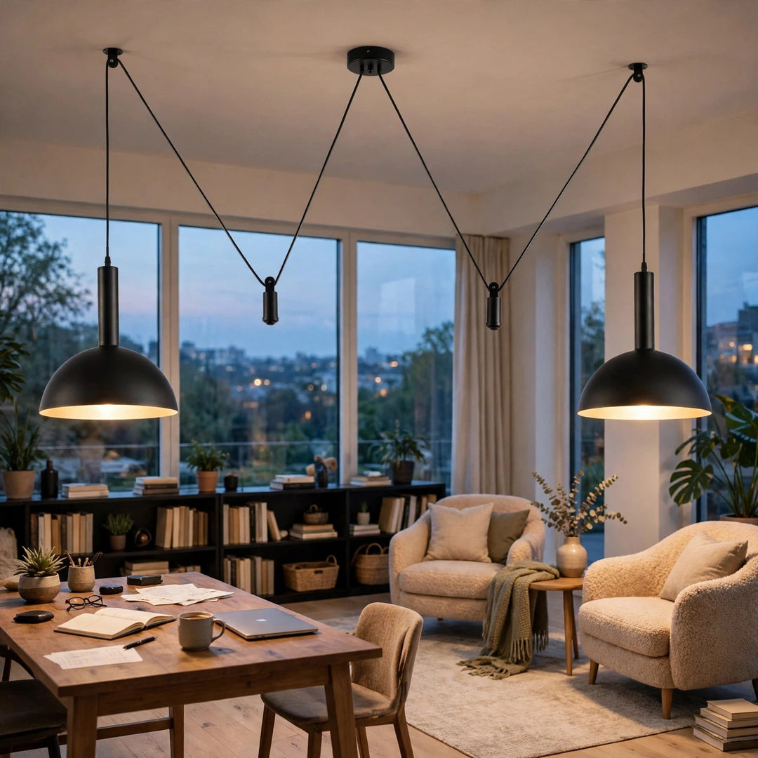 A modern home office and living room setup featuring two black dome pendant lights hanging over a wooden desk, with beige armchairs, a bookshelf, and large windows showing a city view at dusk.