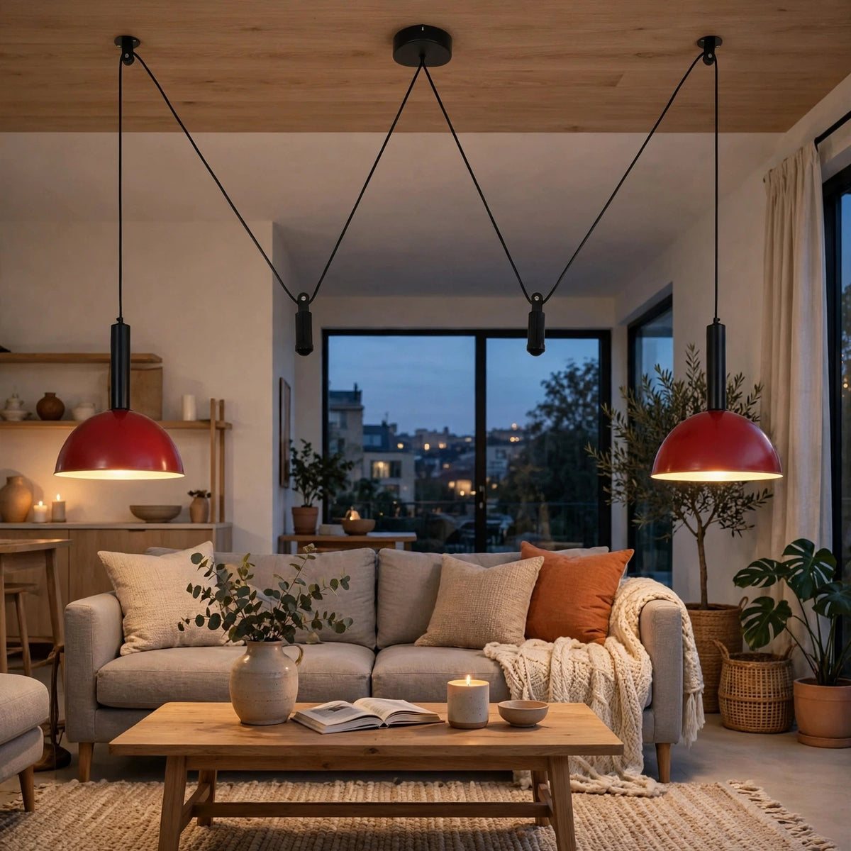 A modern living room with two red dome pendant lights hanging from black cords above a beige sofa, with a wooden coffee table and large windows in the background.