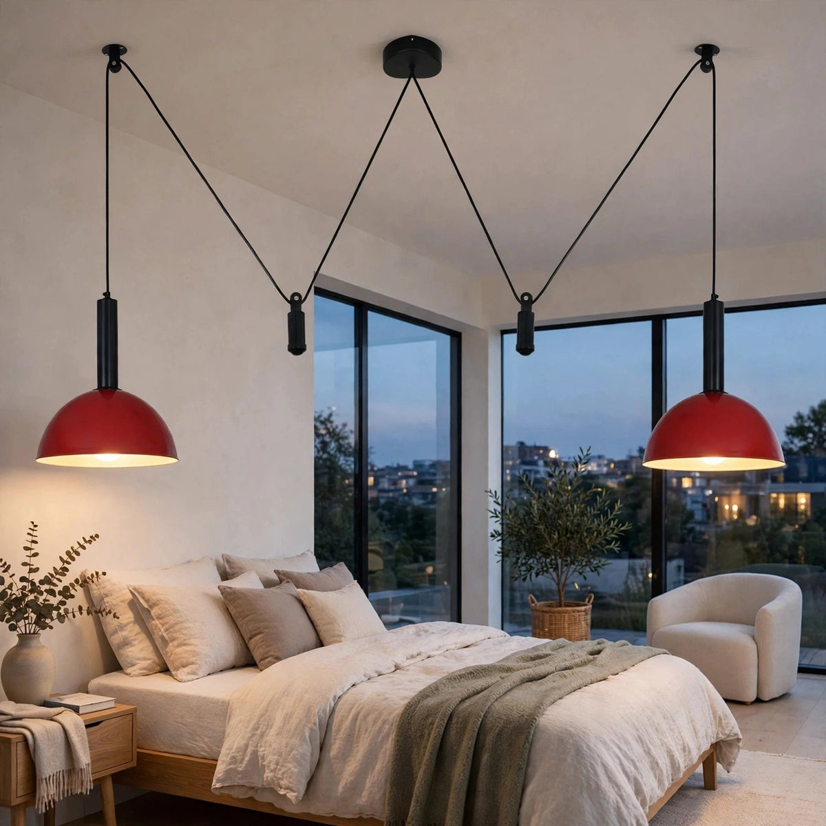 A modern bedroom interior with two red pendant lights hanging from black cords above a bed. Large floor-to-ceiling windows show a city view at dusk, and a white armchair and potted plant sit nearby.