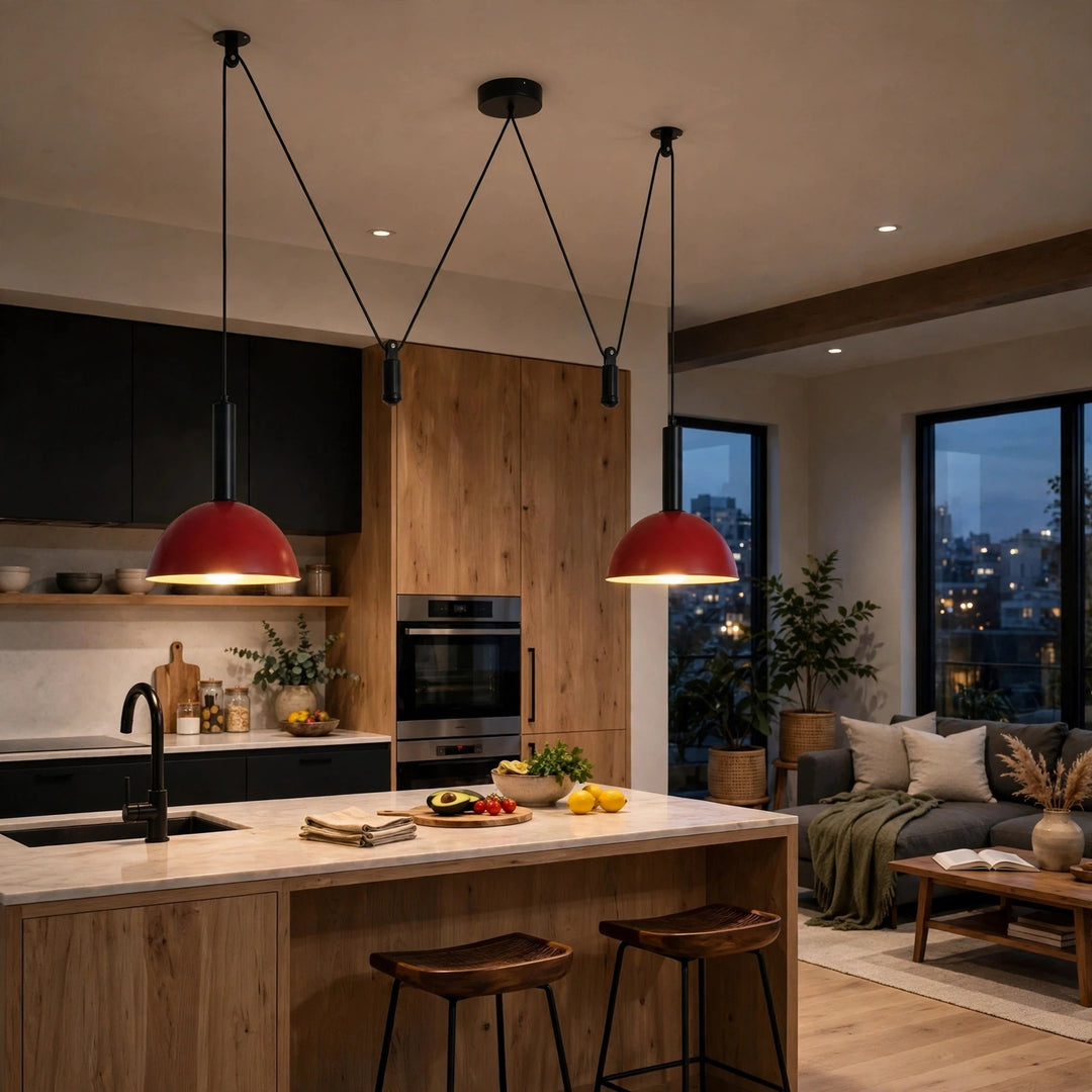 Two modern pendant lights with red dome shades and black cords hang over a kitchen island in a contemporary living space with wood cabinets, a sofa, and large windows.