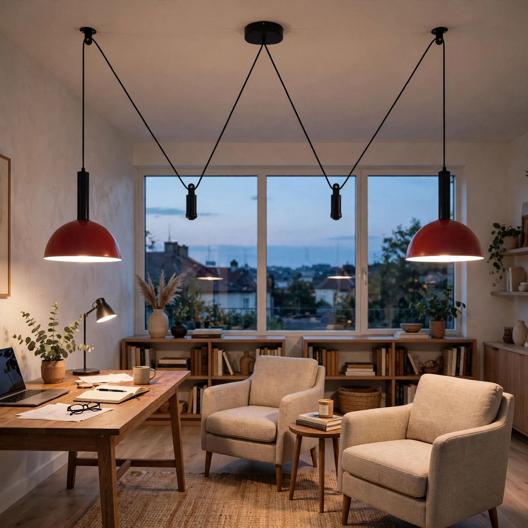 A modern home office interior featuring two red dome pendant lights hanging over a wooden desk, with two beige armchairs and a small side table in front of large windows showing an outdoor view at dusk.