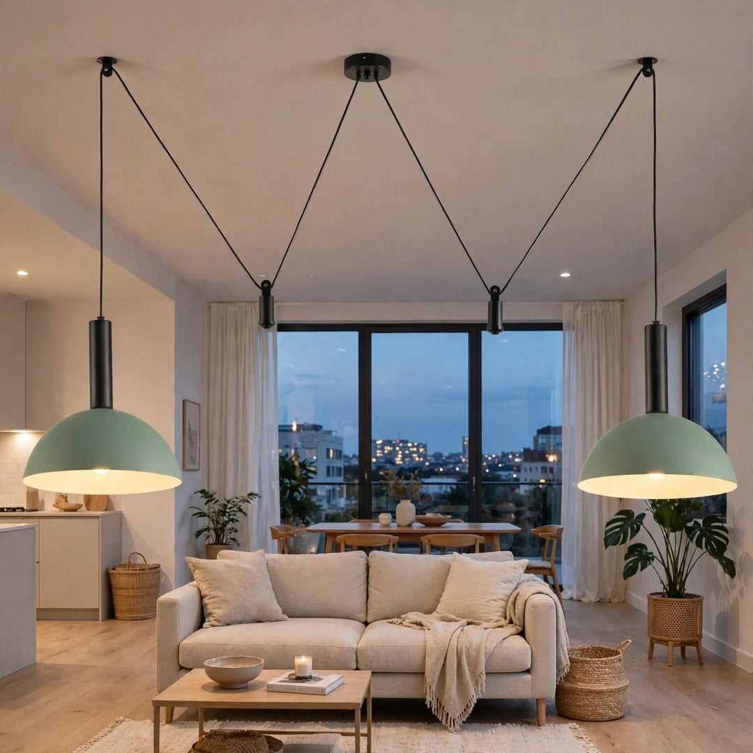 A modern living room with two large sage green pendant lights hanging from black cords above a beige sofa. The room has a minimalist aesthetic with light wood floors, a low wooden coffee table, and large windows showing a city view at dusk.