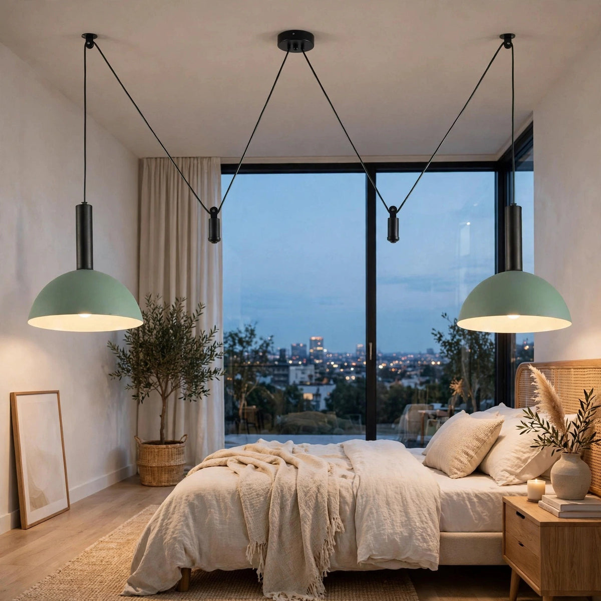 A modern bedroom interior with two pendant lights hanging over a bed. The lights have muted sage green dome shades and black cords leading to a central ceiling canopy.