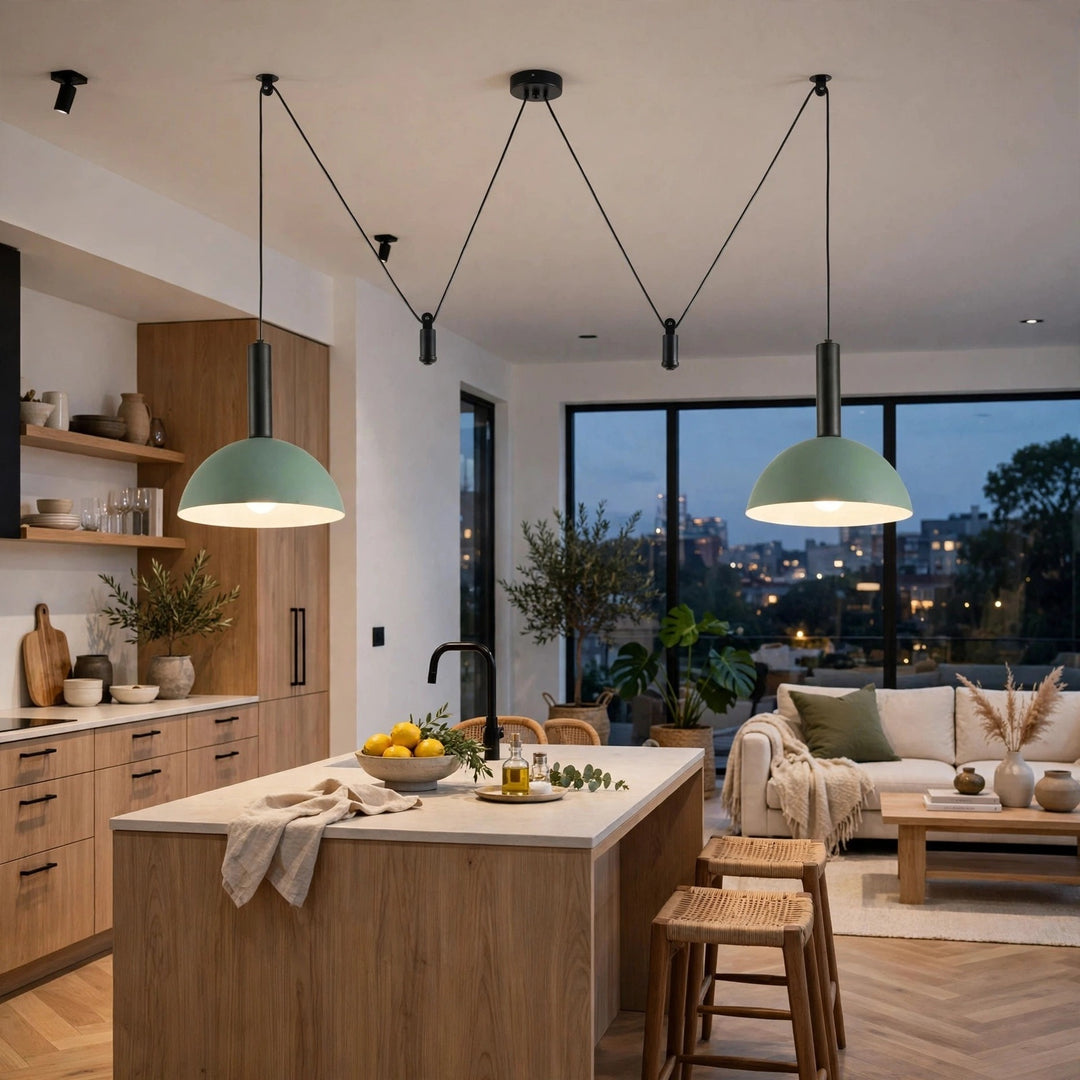 Two sage green pendant lights with black cords hang over a modern kitchen island in a bright, contemporary living space with wood cabinetry, a sofa, and large windows.