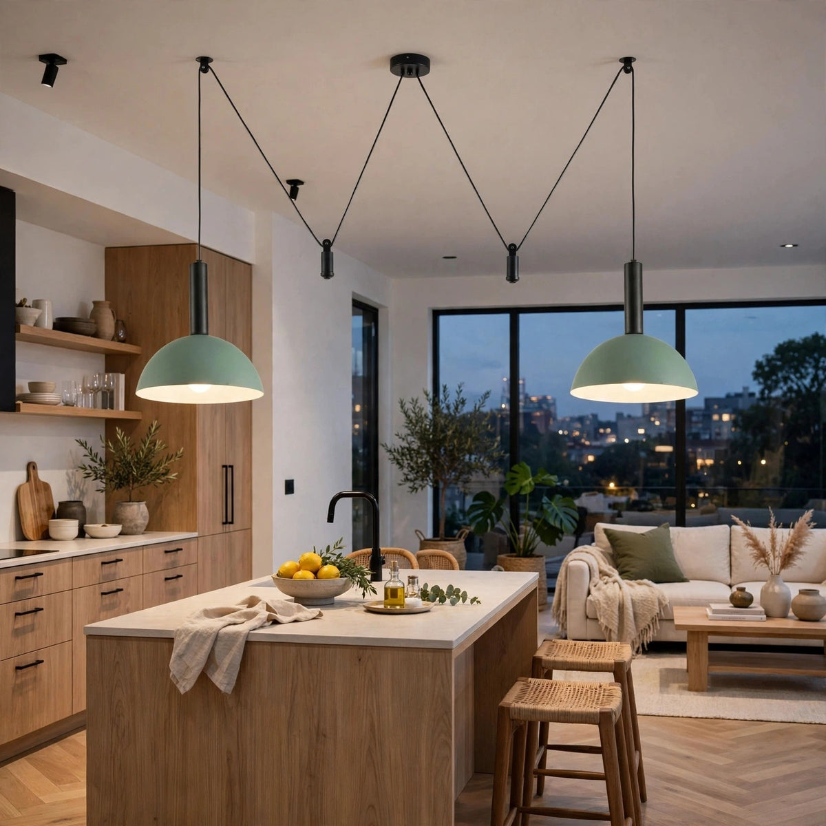 Two sage green pendant lights with black cords hang over a modern kitchen island in a bright, contemporary living space with wood cabinetry, a sofa, and large windows.