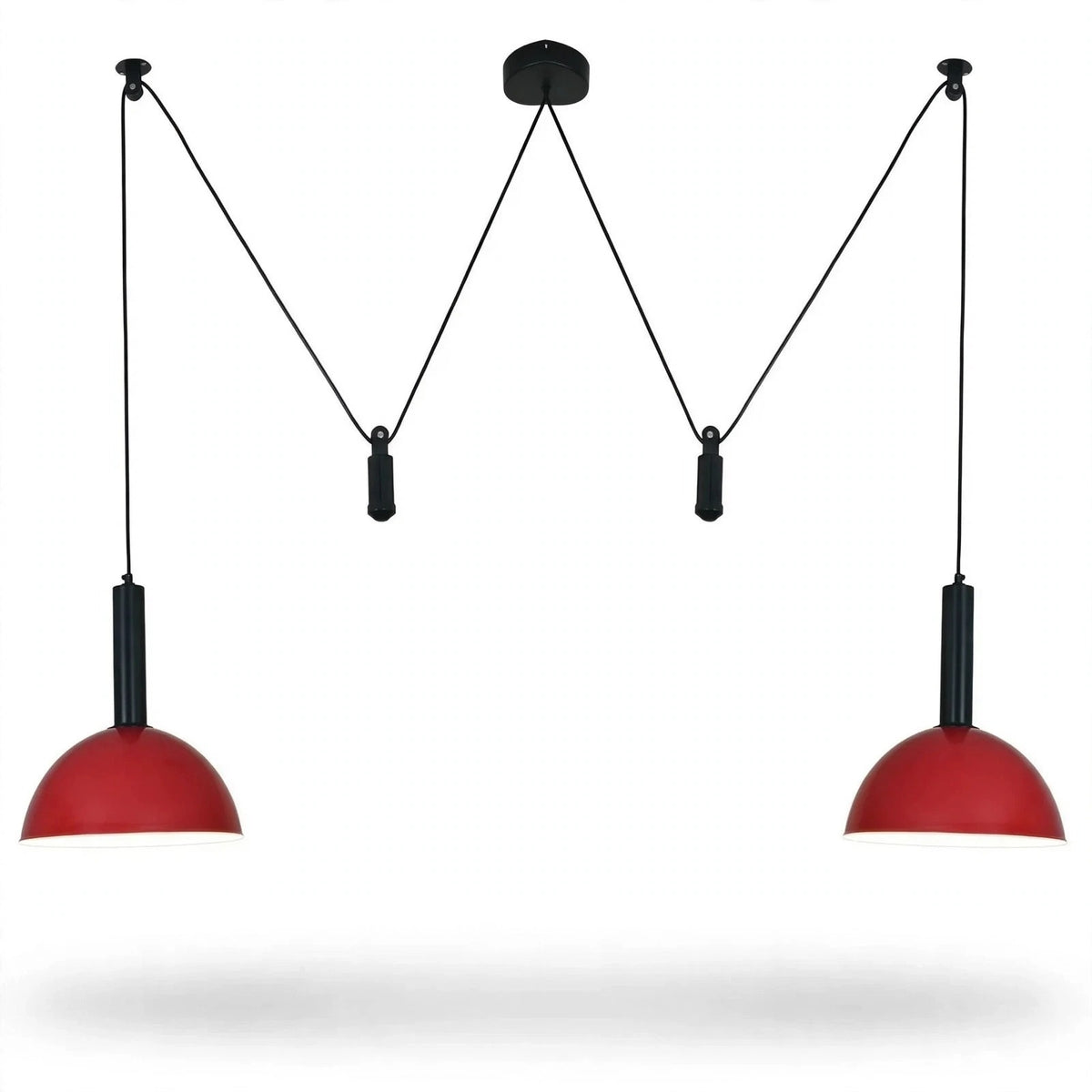 A modern two-light pendant ceiling fixture with red dome-shaped shades and black suspension rods, shown against a plain white background.
