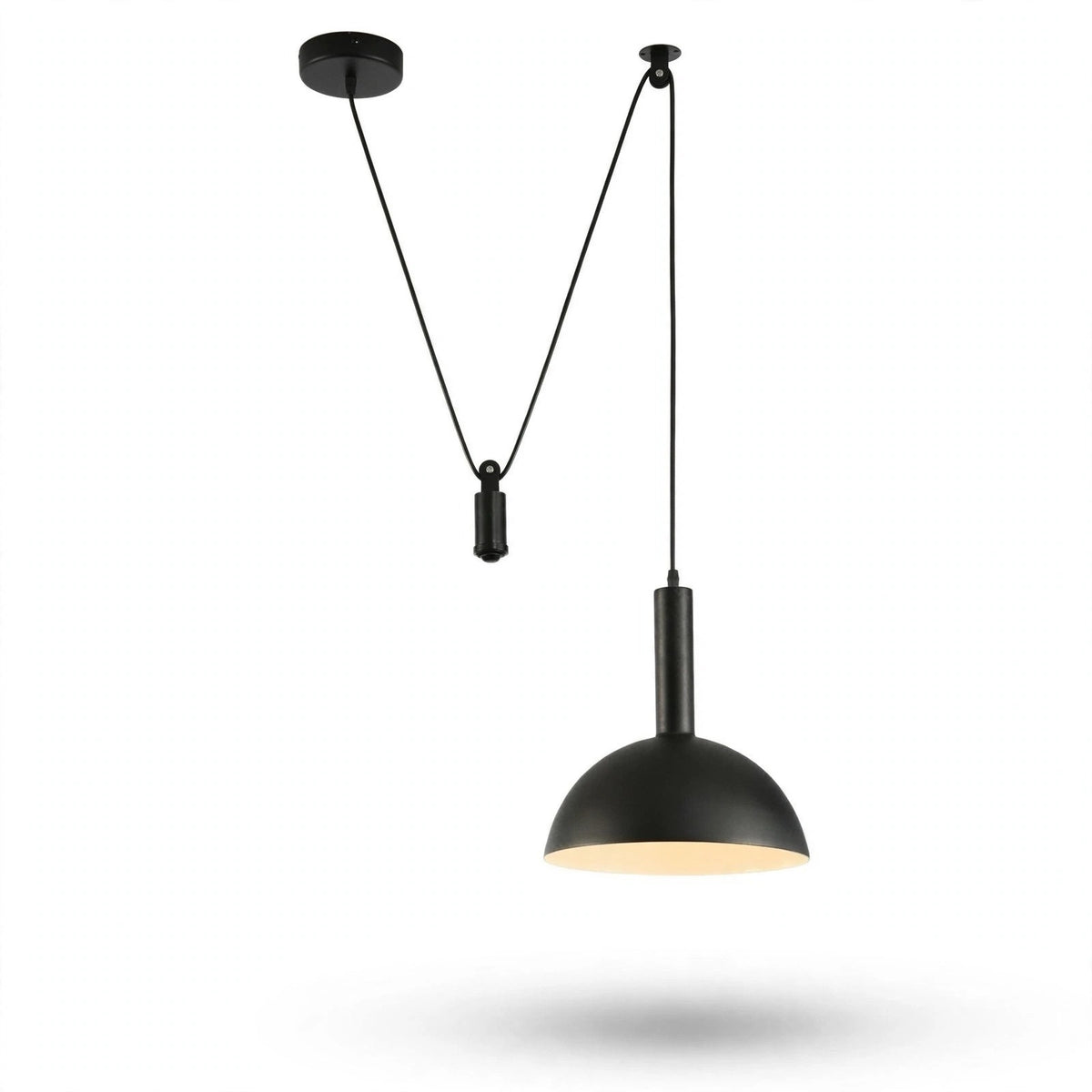 A modern black pendant light with a dome-shaped shade, suspended by a cord from a ceiling canopy against a white background.