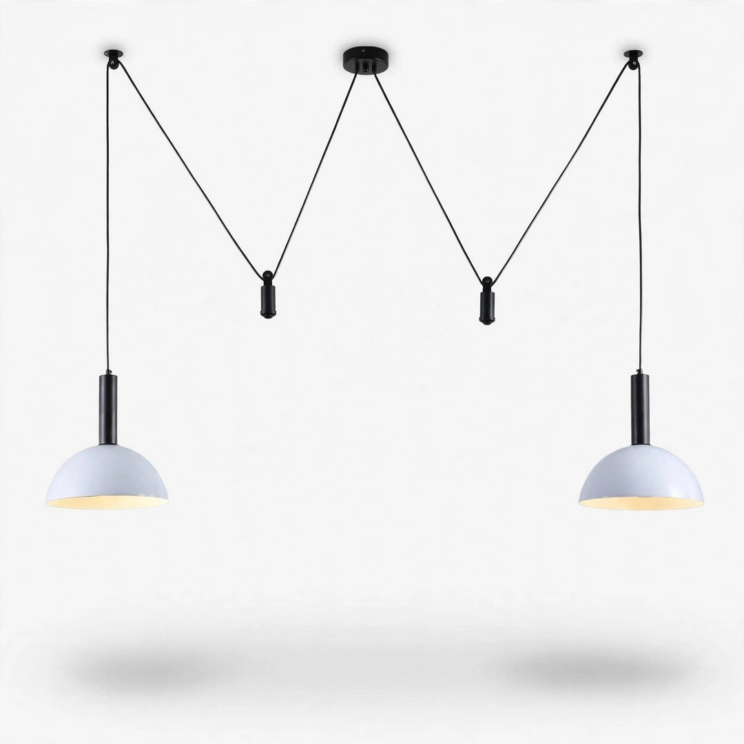 A modern two-light pendant chandelier with black metal hardware and white dome-shaped shades, suspended against a clean white background.