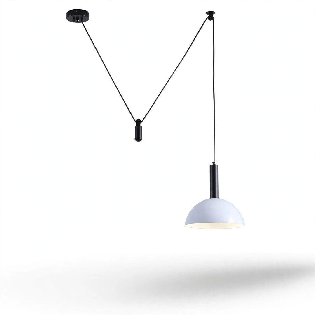 A modern pendant light with a white dome-shaped shade and black cord suspension hardware, shown against a plain white background with a soft shadow below.