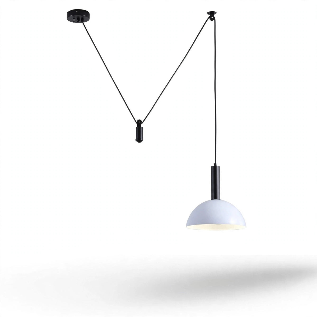 A modern pendant light with a white dome-shaped shade and black cord suspension hardware, shown against a plain white background with a soft shadow below.