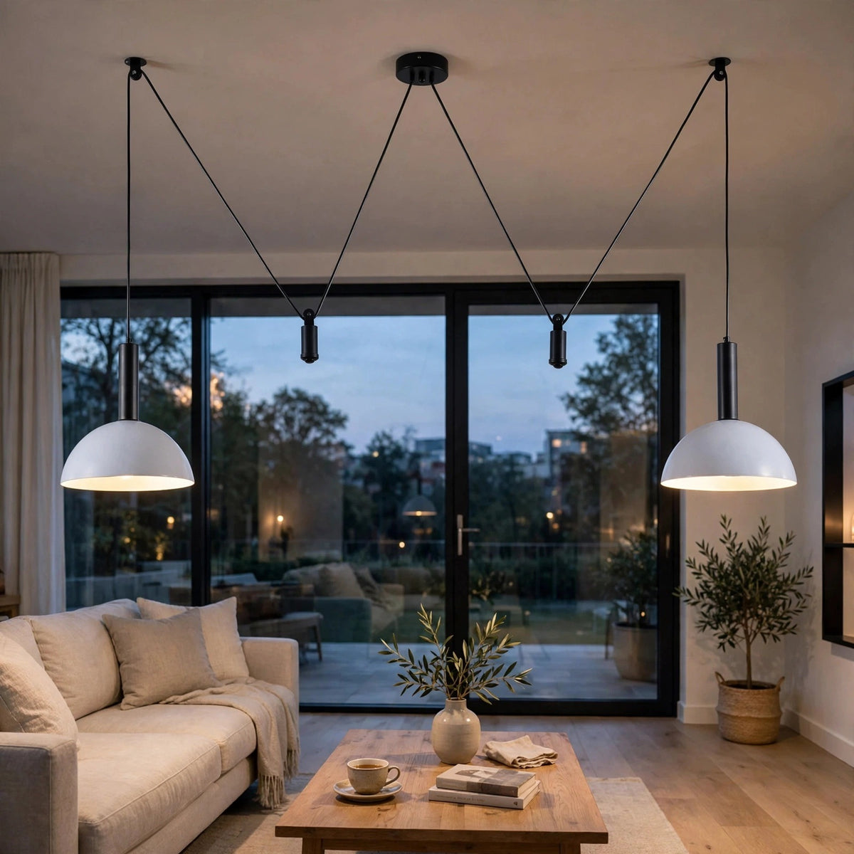 Three modern pendant lights with white dome shades and black cords hang over a living room setup with a beige sofa, wooden coffee table, and large black-framed windows showing an outdoor patio at dusk.