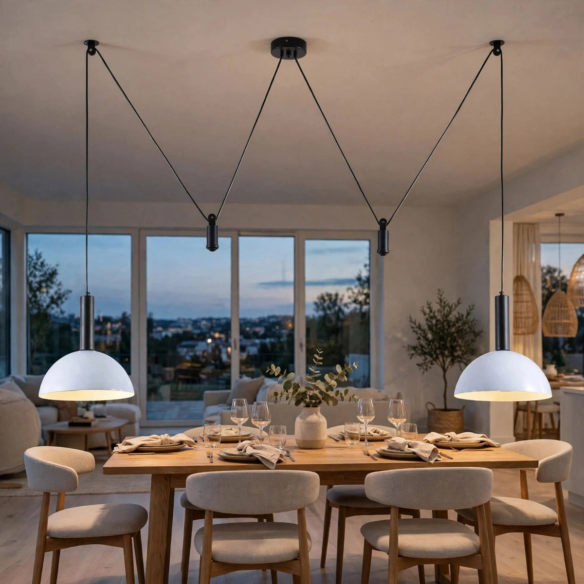 Modern dining room with a wooden dining table, upholstered chairs, and four black pendant lights with white dome shades hanging over the table. Large windows in the background show an evening city view.