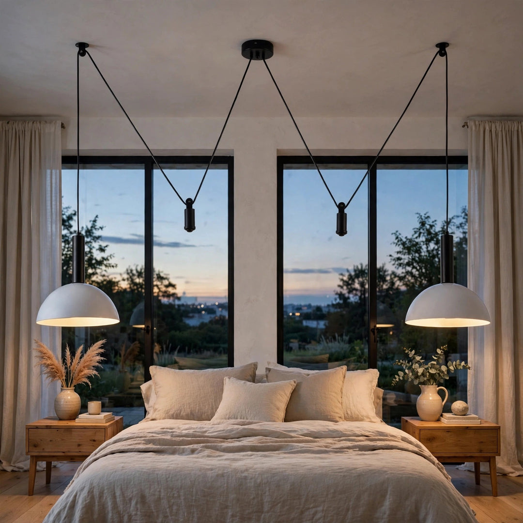 A modern bedroom interior with a neatly made bed, two wooden nightstands, pampas grass in ceramic vases, and two black pendant lights with white dome shades hanging over the bed. Large windows behind the bed show an outdoor evening view, and sheer curtains frame the windows.