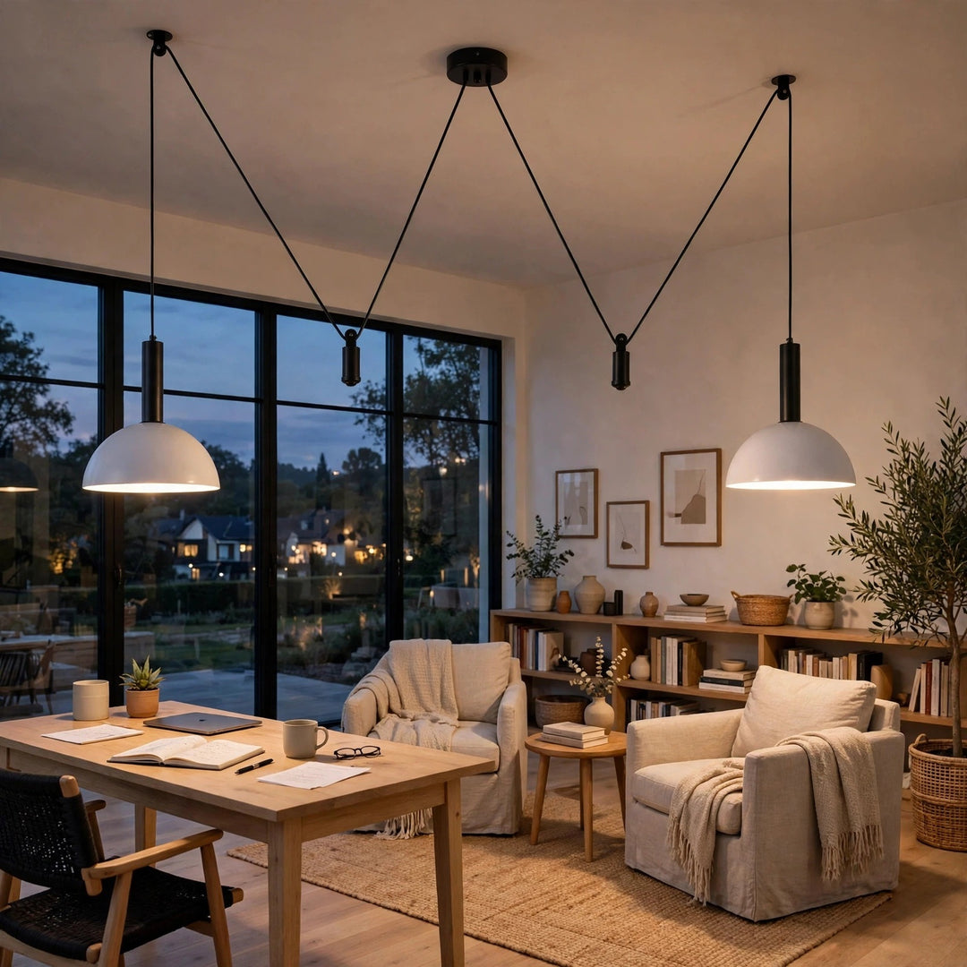 Two modern pendant lights with white dome shades and black cords hang over a cozy living room setup with a wooden desk, armchairs, and large windows showing an evening outdoor scene.