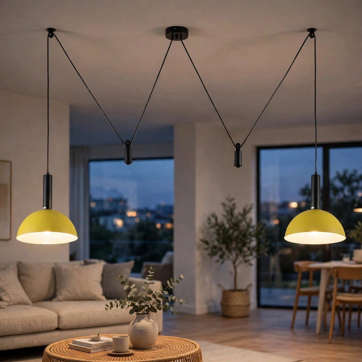 Two modern pendant lights with yellow dome shades and black cords hang over a living room and dining area at dusk.