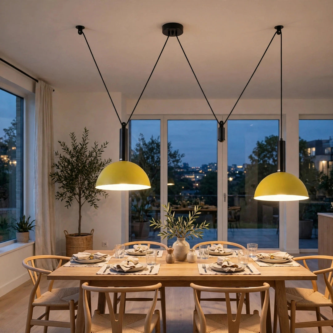 Two modern pendant lights with bright yellow dome shades hang over a wooden dining table set for dinner in a bright, contemporary dining room with large windows.