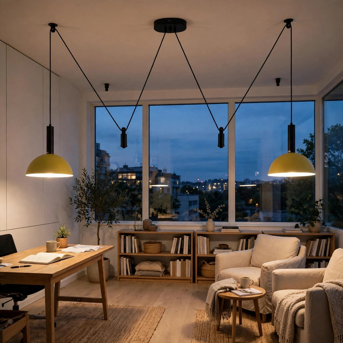 A modern living room interior with two pendant lights hanging from the ceiling, one with a white shade and one with a yellow-green shade, both casting warm light. The room features a wooden desk, bookshelves, two cream-colored armchairs, and large windows looking out onto a twilight city view.