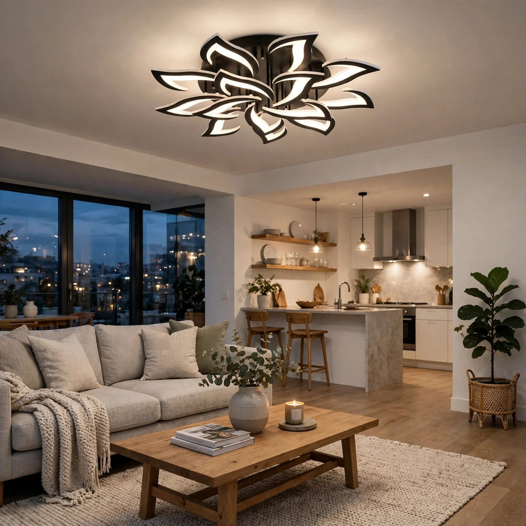 A modern flower-shaped ceiling light with black metal and white LED lighting, shown installed in a bright, contemporary living room with a sofa, coffee table, and kitchen in the background.