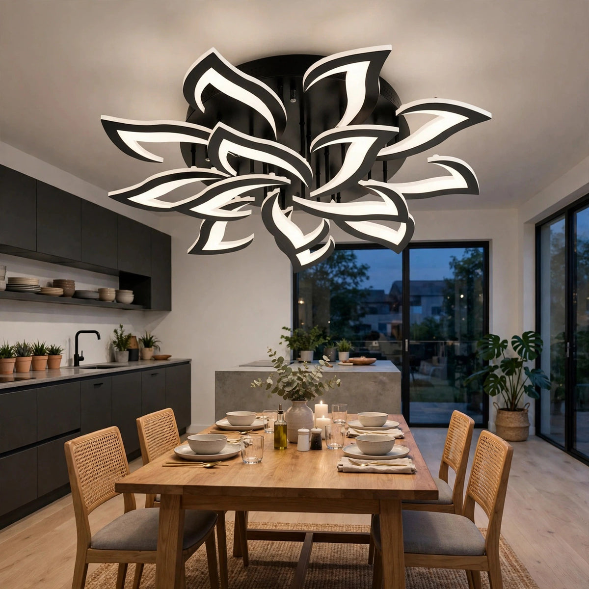 A modern flower-shaped LED ceiling light with black and white petals hangs over a wooden dining table in a contemporary dining room with dark kitchen cabinets and large windows.
