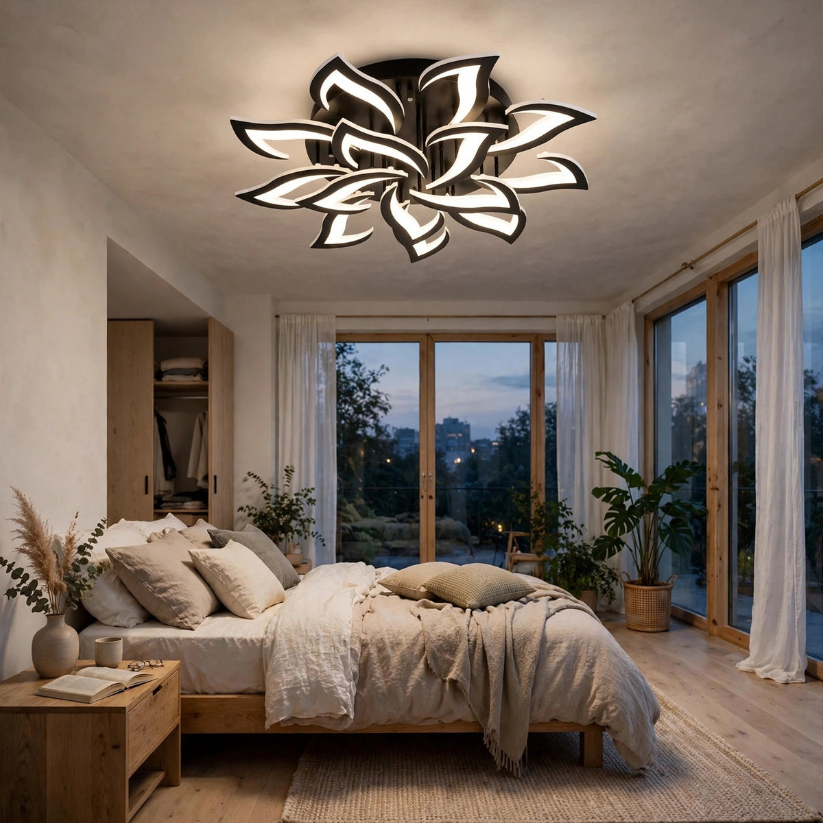 A modern flower-shaped ceiling light fixture with white petals and black accents, glowing in a beautifully styled bedroom with wooden floors, a bed, and large windows.