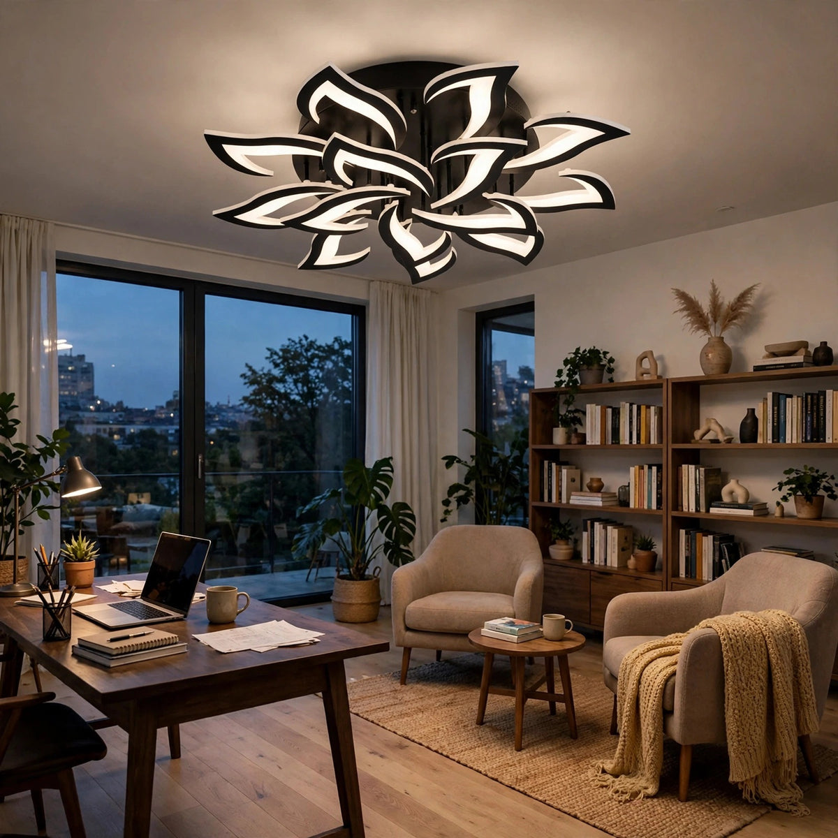 Modern flower-shaped LED ceiling light fixture in a stylishly decorated home office with a desk, chairs, and bookshelves.