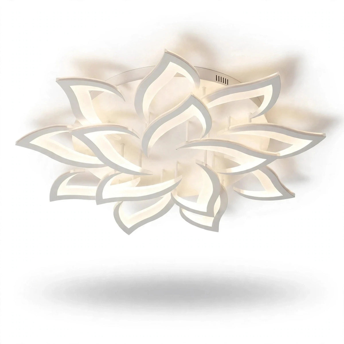 A modern flower-shaped LED ceiling light fixture with layered translucent petals, shown illuminated against a clean white background.
