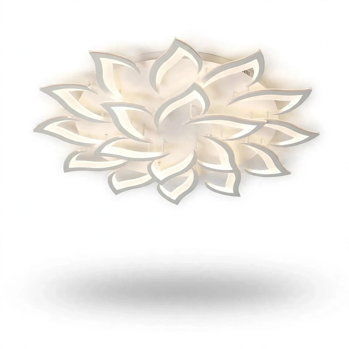 A modern flower-shaped ceiling light fixture with layered translucent petals and a warm white glow, shown against a plain white background with a soft shadow below.