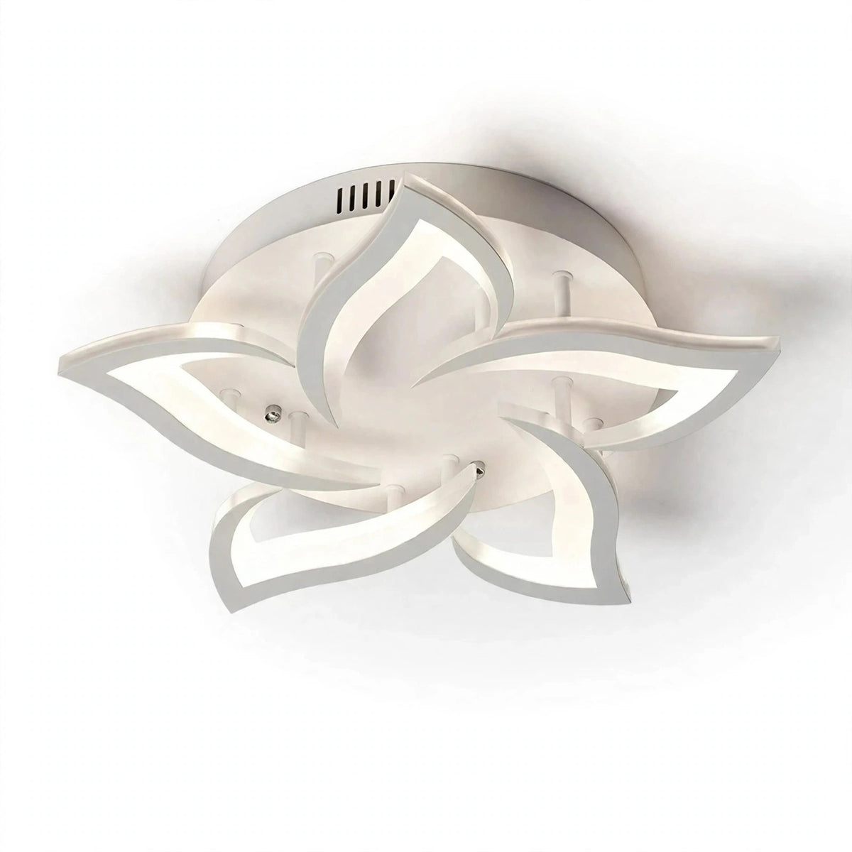 A modern ceiling light fixture with a five-petal flower design, featuring a brushed silver metal circular base and white curved petals that glow with warm light, shown against a plain white background.