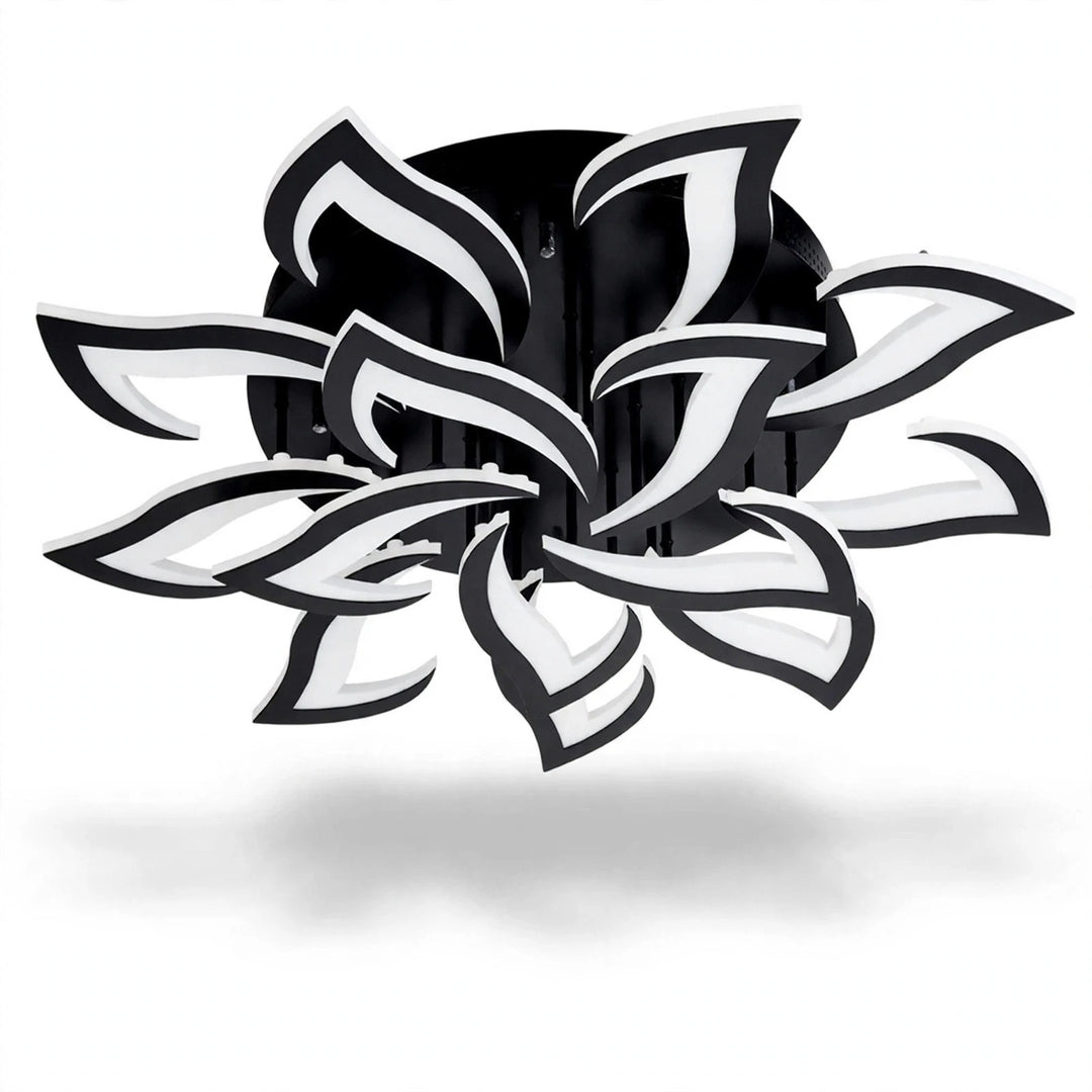 A ceiling light with black iron frames and white acrylic petals appears against a white background, showing its layered floral shape.