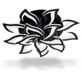 A ceiling light with black iron frames and white acrylic petals appears against a white background, showing its layered floral shape.