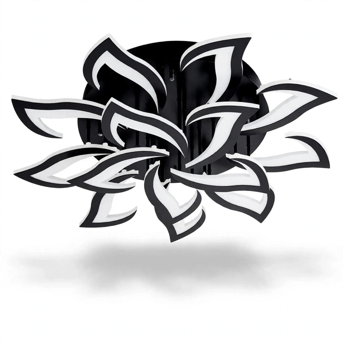 A ceiling light with black iron frames and white acrylic petals appears against a white background, showing its layered floral shape.