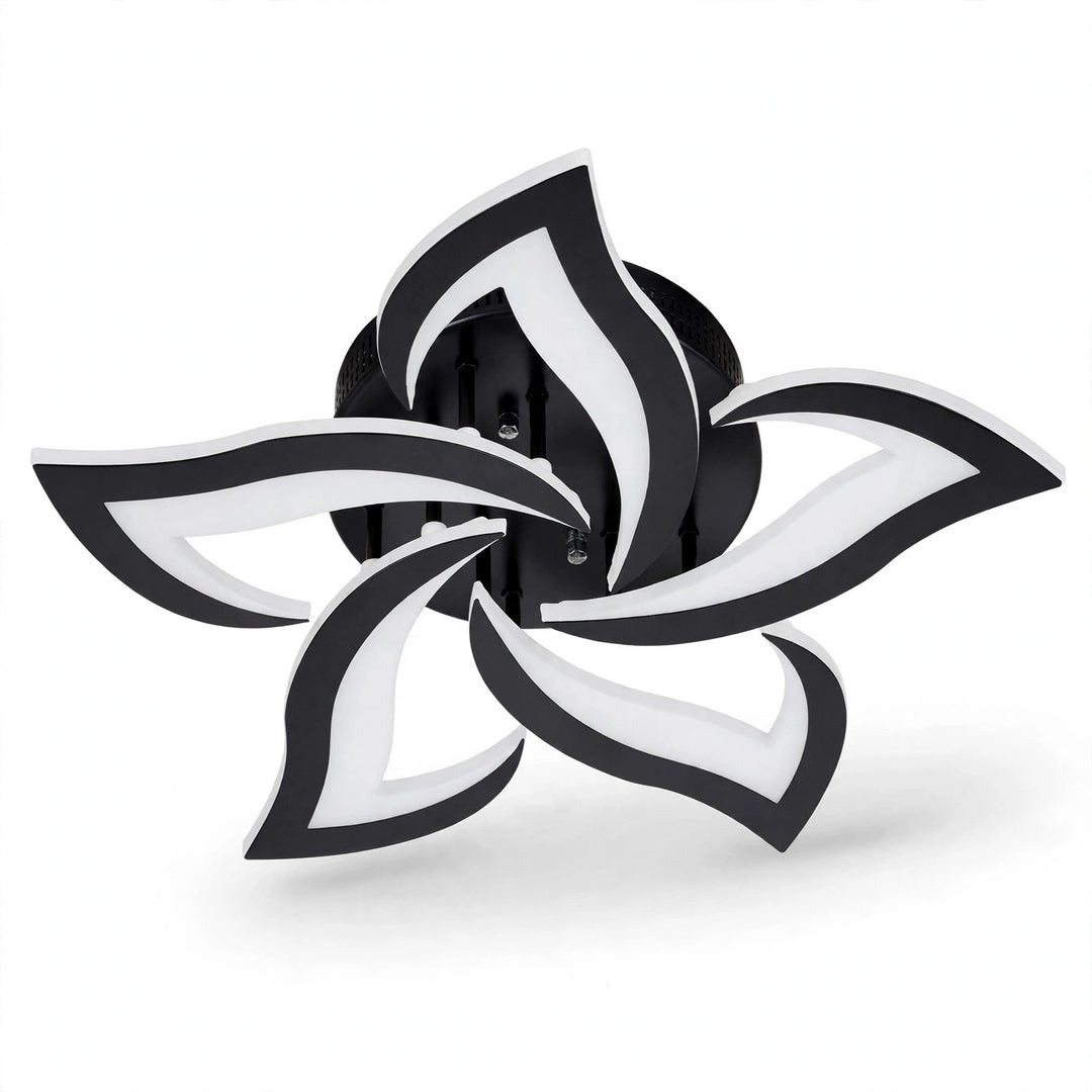A ceiling light with five black-edged white petals and a round black base is shown against a white background.