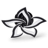 A ceiling light with five black-edged white petals and a round black base is shown against a white background.