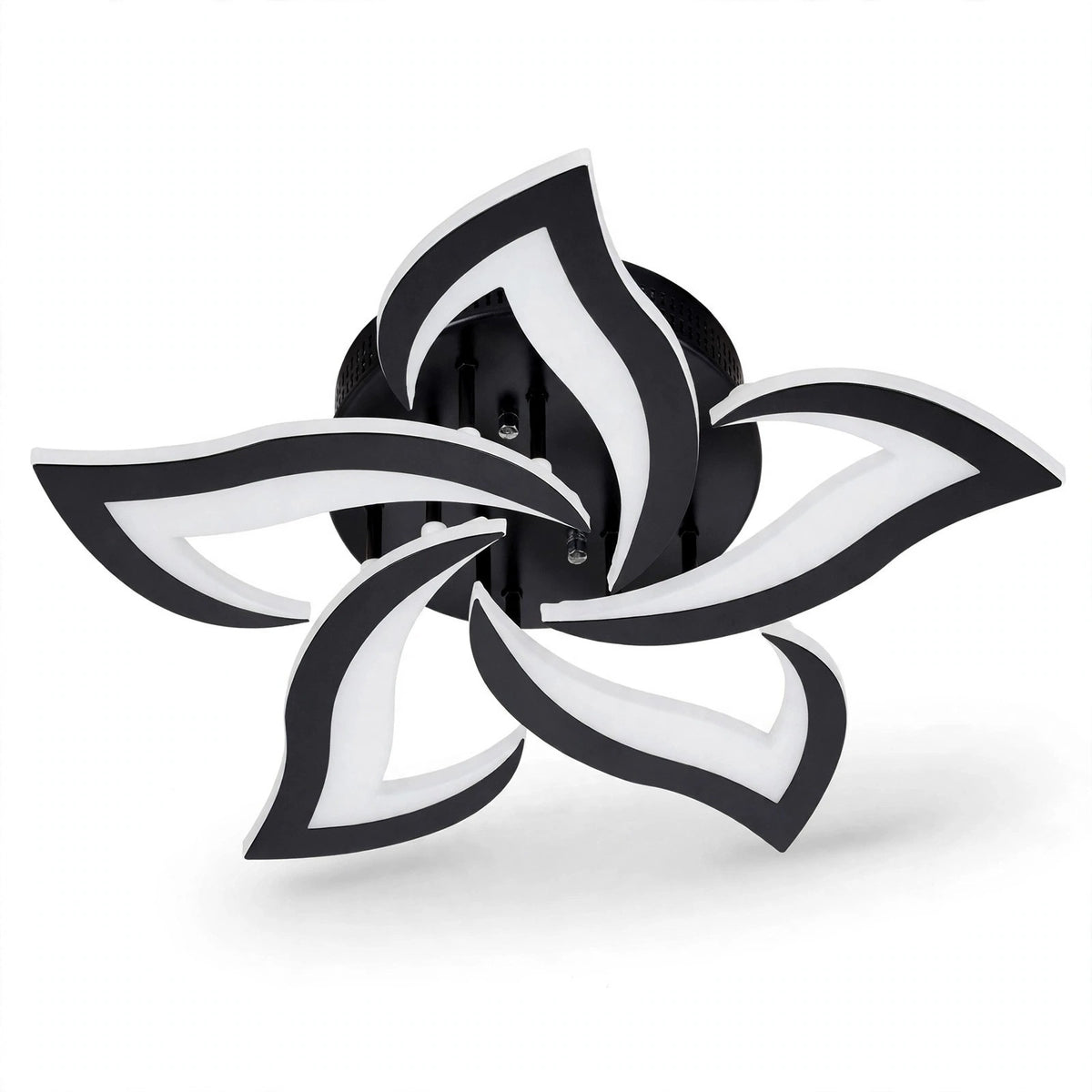 A ceiling light with five black-edged white petals and a round black base is shown against a white background.