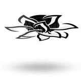 A black and white ceiling light is shown from a low angle, revealing layered petals and mounting rods against a white background.