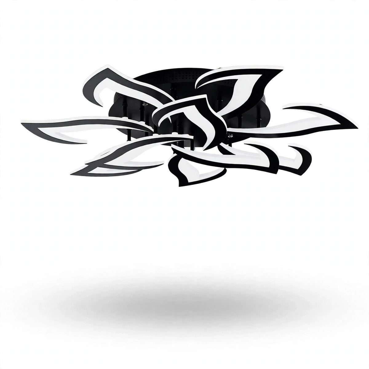 A black and white ceiling light is shown from a low angle, revealing layered petals and mounting rods against a white background.