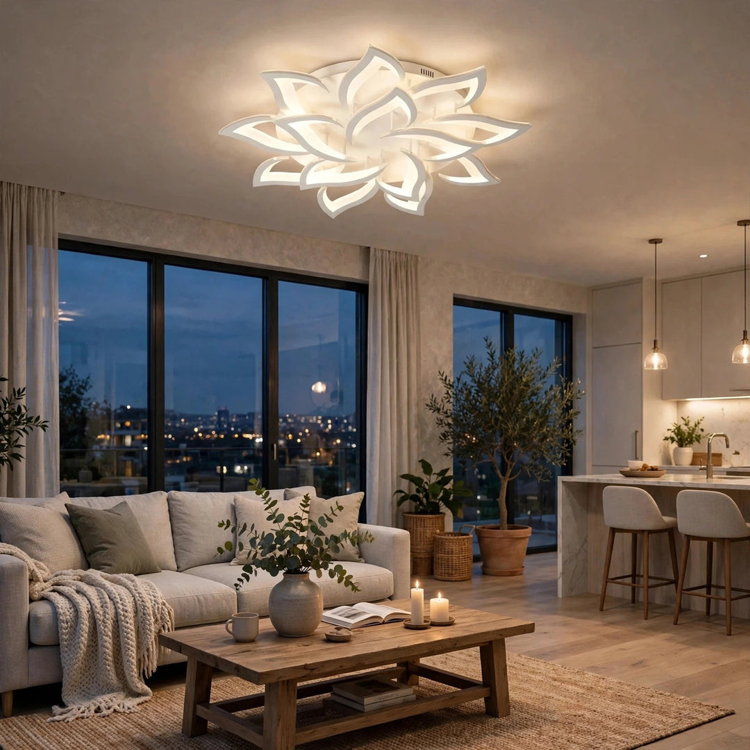 A modern lotus-shaped ceiling light fixture glowing with warm white light in a contemporary living room with a sofa, coffee table, and large windows overlooking a city skyline at dusk.