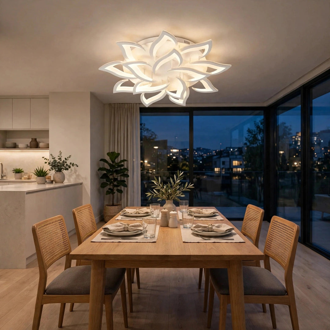 A modern white lotus-shaped ceiling light fixture illuminates a dining room with a wooden table, woven-back chairs, and large floor-to-ceiling windows overlooking a city skyline at dusk.