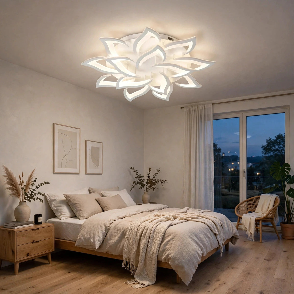 A modern lotus-shaped LED ceiling light glowing with warm white light in a beautifully styled bedroom with beige bedding, wooden furniture, and a large window looking out onto a dusk view.