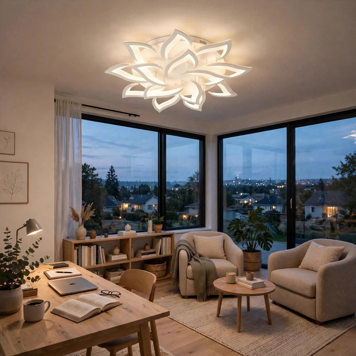 A modern lotus-shaped LED ceiling light glowing in a bright living room with large windows, beige armchairs, a wooden dining table, and a view of the city at dusk.