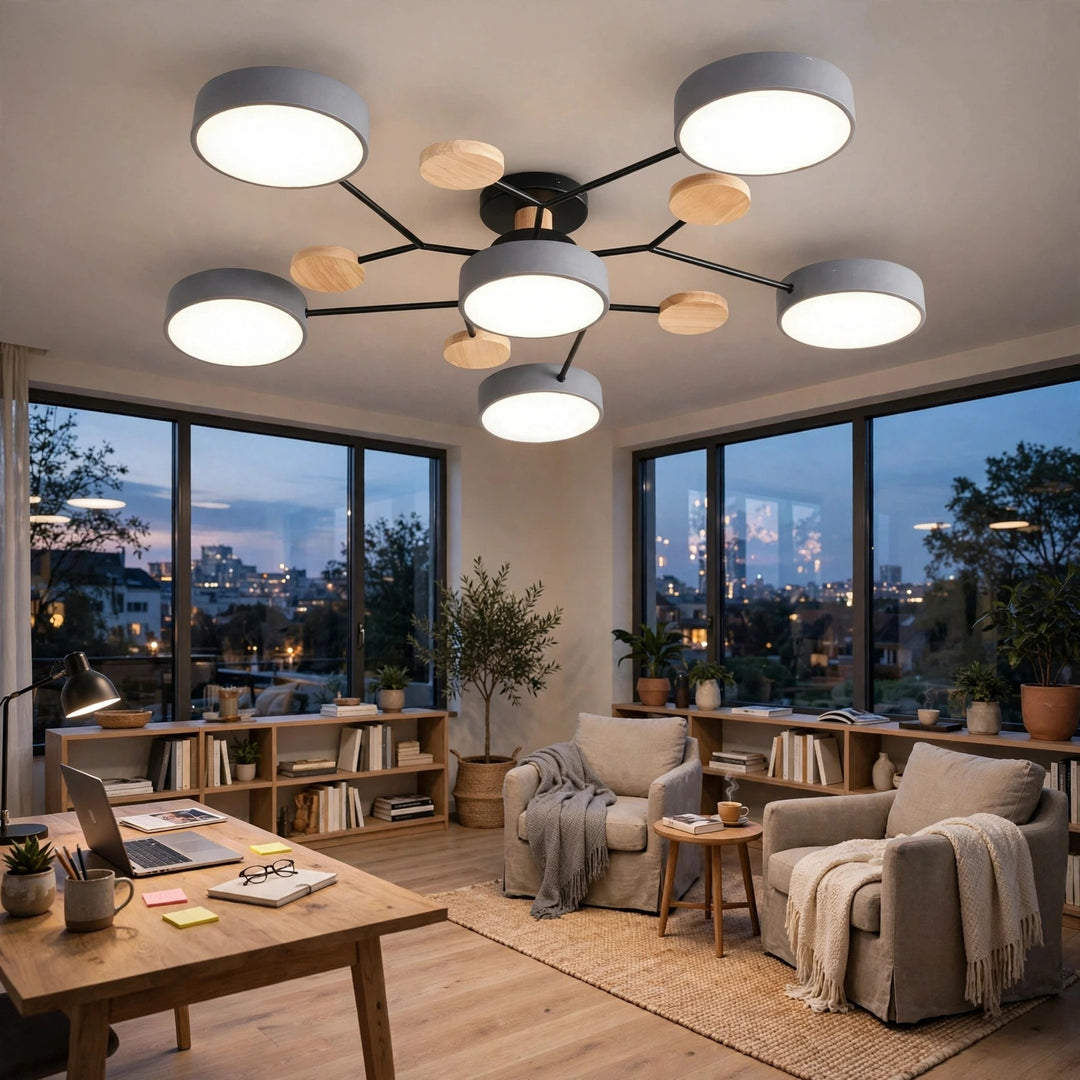 A modern multi-light ceiling fixture with six circular gray shades and light wood accents, mounted on a black central hub. The fixture is shown installed in a contemporary living room with large windows, a wooden desk, and two beige armchairs.