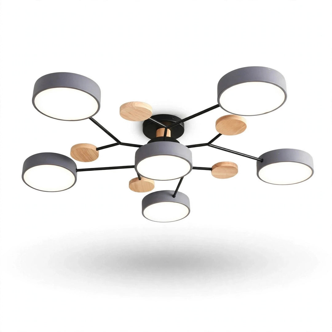 Modern ceiling light fixture with six circular gray shades, a black central frame, and five natural wood accent discs, shown against a plain white background.
