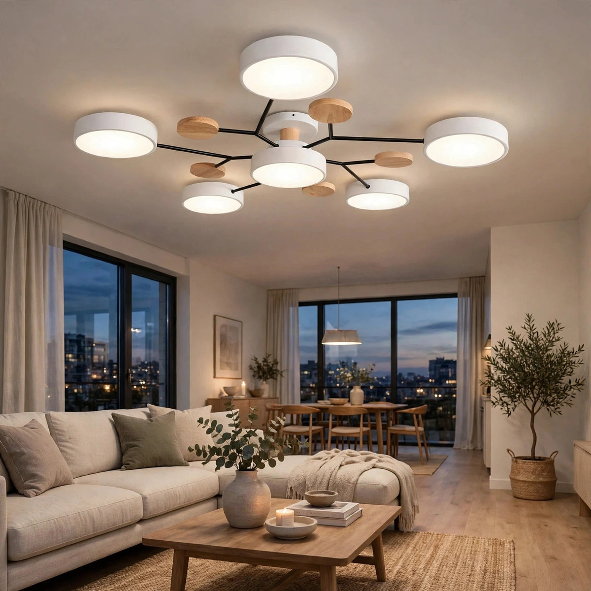 Modern multi-light ceiling fixture with white cylindrical shades and natural wood accents, installed in a bright contemporary living room with large windows and a city view at dusk.