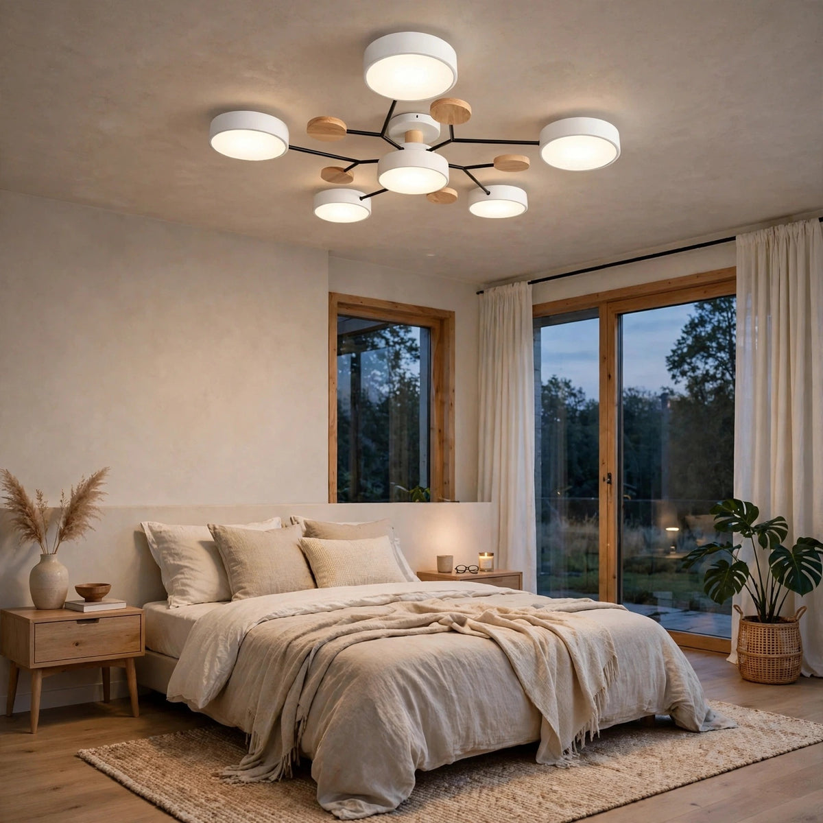 A modern multi-light ceiling fixture with white cylindrical shades and natural wood leaf-shaped accents, mounted in a bright, contemporary bedroom with a bed, wooden windows, and plants.