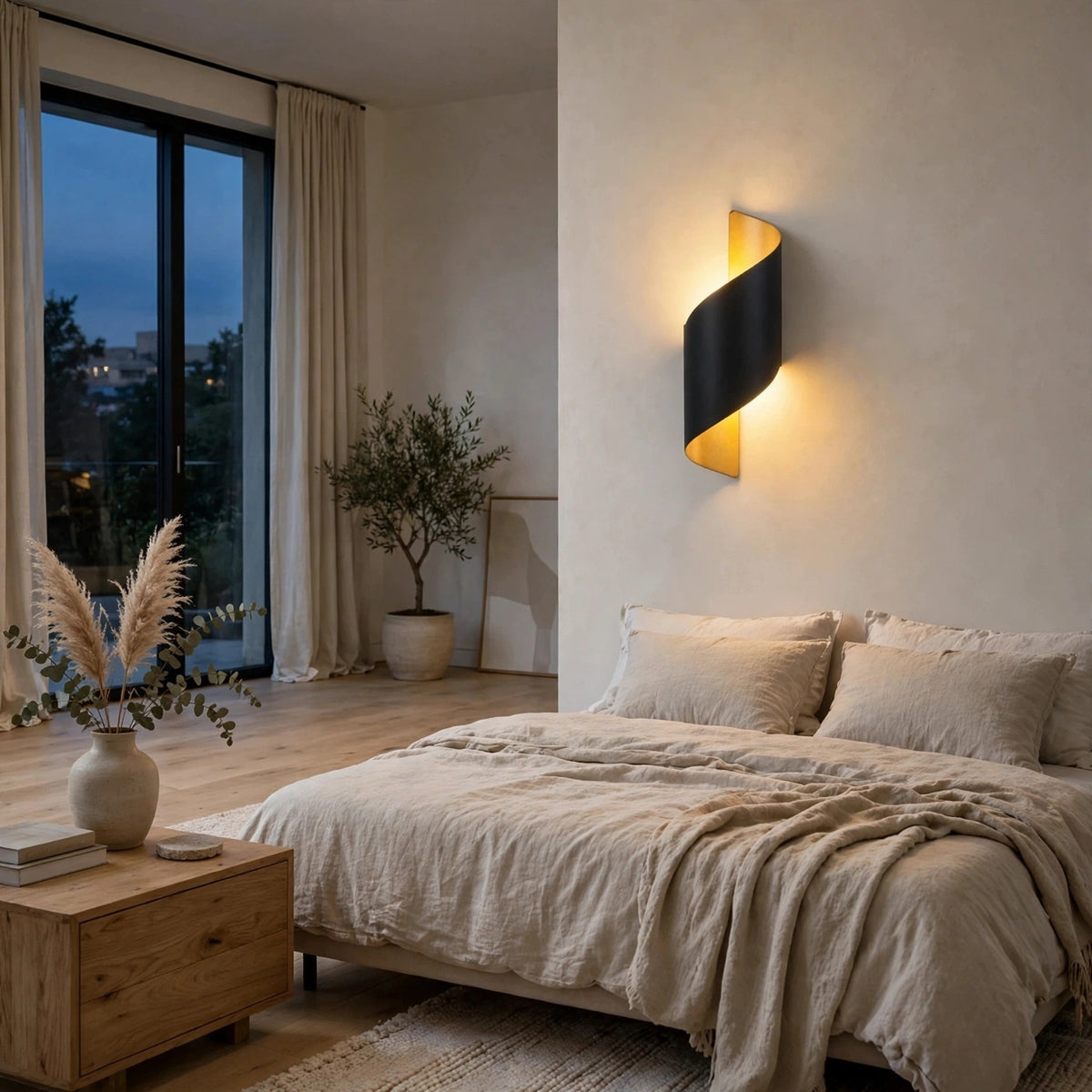A modern spiral-shaped wall sconce with a black outer shell and a warm yellow-gold inner light panel, mounted on a beige plaster wall in a minimalist bedroom setting.