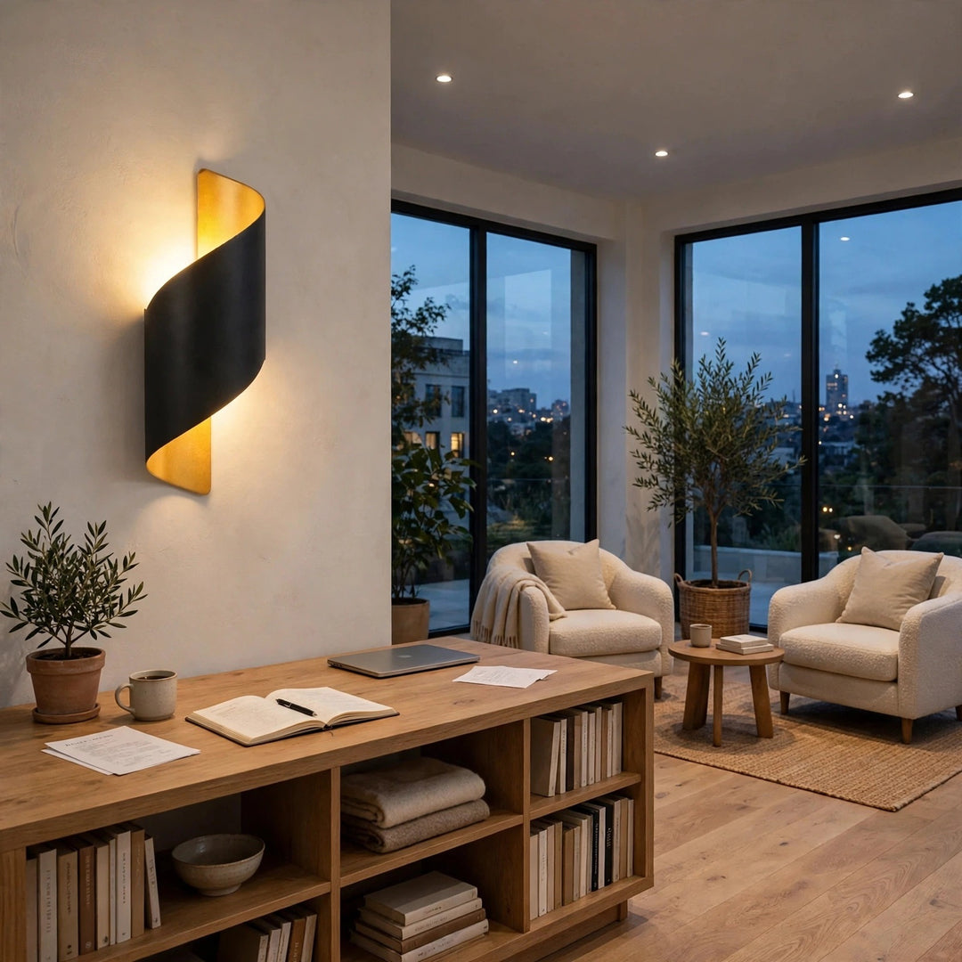 Black spiral wall sconce with a gold interior glows above a wooden bookcase beside a seating area.
