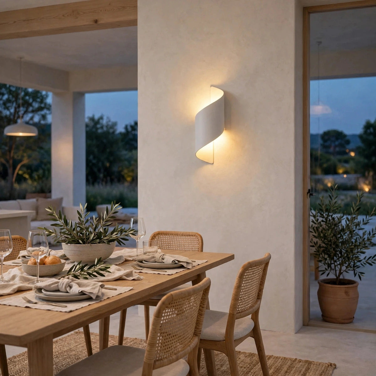 A modern spiral-shaped wall sconce with a white textured finish, emitting a warm glow, mounted on a beige plaster wall in a beautifully styled dining room with wooden dining chairs and a table set for a dinner.