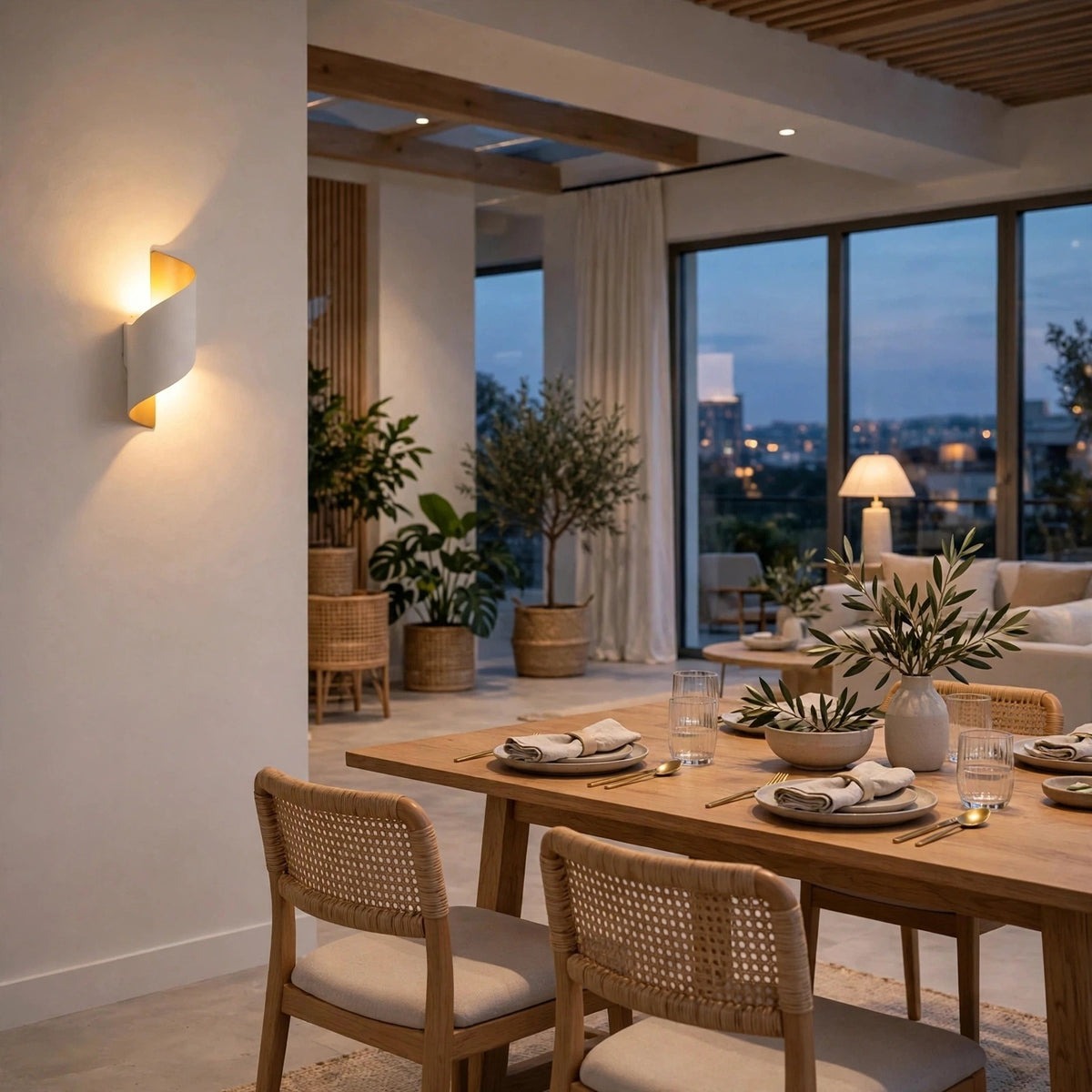 A modern wall-mounted sconce with a white sculptural shell and warm yellow light glowing from within, mounted on a beige wall in a contemporary dining room setting.