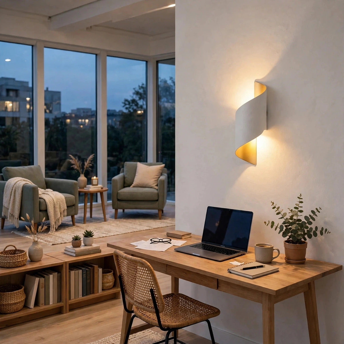 A modern spiral-shaped wall sconce with a white outer shade and a warm gold inner accent, mounted on a white wall in a beautifully styled home office. The lamp glows warmly, illuminating a wooden desk with a laptop, mug, and small plant, next to a rattan chair.